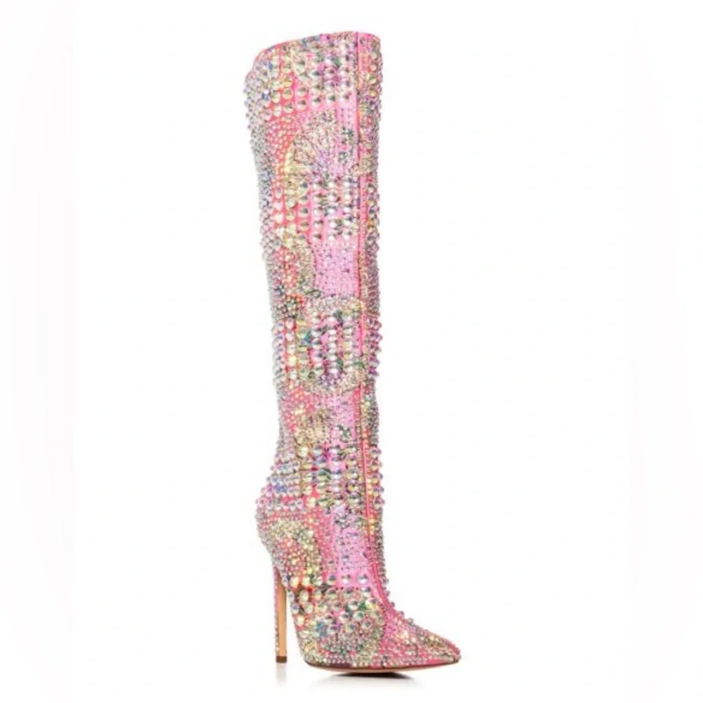 AZALEA WANG Pink Floral Embroidered Brocade Rhinestone Boots